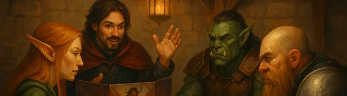 A human, orc, elf and dwarf learning how to play dungeons and dragons.