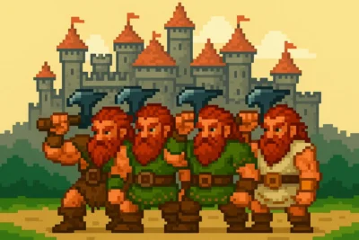 Four red-bearded Barbarian subclasses stand in formation holding axes, set against an 8-bit medieval castle backdrop in DnD 2024.