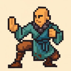 Monk warrior of mercy in teal robes strikes a poised healing stance with calm focused energy in DnD 2024