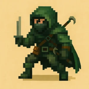 The Thief, a Rouge subclass in dnd 2024. Is standing in a green hood grips a dagger and carries tools for climbing and treasure hunting.
