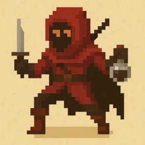 The Assassin,a Rouge subclass in dnd 2024. Is standing in a crimson hood brandishes a dagger and readies a lethal poison vial.