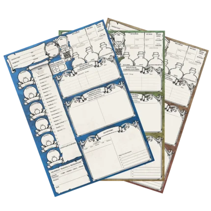 DnD character sheets in multiple colors