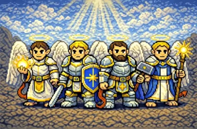 Four DnD 2024 Aasimar species stand shoulder to shoulder on rocky ground beneath radiant beams of light, each with wings, halos, and distinct armor, shields, and glowing holy weapons.