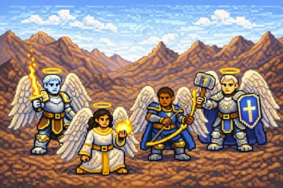 Four DnD 2024 Aasimar adventurers stand in an 8-bit mountain landscape with glowing halos and white wings. One wields a flaming sword, one conjures fire, one draws a bow, and one raises a hammer and shield marked with a holy symbol.