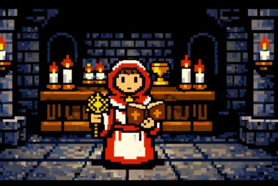 2024 DnD Acolyte in a small stone temple, holding a holy symbol and prayer book, candles and altar behind them