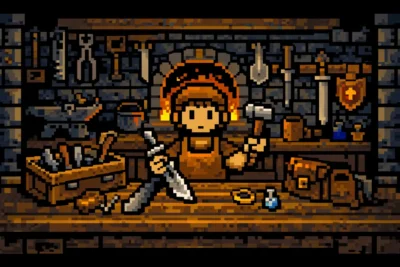 2024 DnD Artisan in a workshop at a wooden bench, tools and crafted goods around, forge glowing in the background.