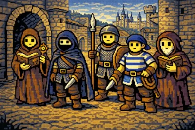 DnD 2024 background, not classes. Acolyte with a holy symbol and prayer book, Criminal with cloak and dagger, Soldier with spear and shield, Sailor with rope and dagger ,Sage holding a book or scroll. They stand with slight spacing and different poses