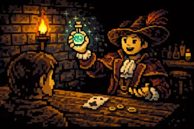 2024 DnD Charlatan in a tavern corner, showing a fake potion or trick to an NPC, fine clothes, warm torchlight.