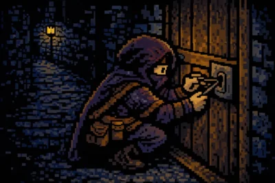 2024 DnD Criminal In a dark alley at night, crouched at a locked door using thieves’ tools, lantern light far away.
