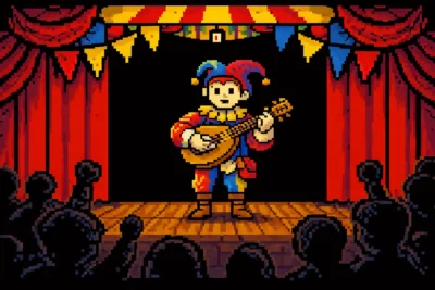 2024 DnD Entertainer on a small stage at a carnival, holding a musical instrument, banners behind, crowd silhouettes.