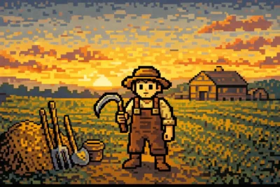 2024 DnD Farmer In open farmland holding a sickle, simple tools nearby, farmhouse in the distance, sunrise mood.