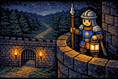 2024 DnD Guard on a stone wall tower with spear and lantern, watching a forest road outside the city gate. Guide