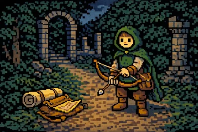 2024 DnD Guide on a forest trail holding a shortbow, map tools and bedroll visible, ancient ruins behind.