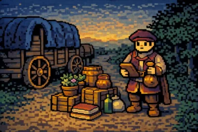 2024 DnD Merchant next to a wagon caravan on the road, holding ledger or coin pouch, crates and goods stacked.