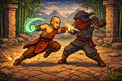 DnD 2024 Monk Class in orange robes fighting a hooded rogue in a forest courtyard.
