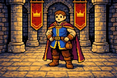 2024 DnD Noble inside a castle hall with banners and pillars, elegant outfit, confident noble stance.