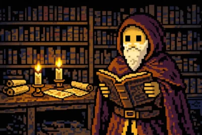 2024 DnD Sage In a candlelit library, holding an ancient book, scrolls and parchment on a desk behind.