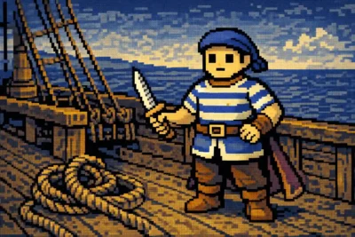 2024 DnD Sailor on a ship deck with rope and dagger, ocean waves and storm clouds, lantern glow.