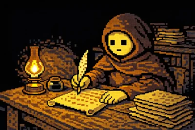 2024 DnD Scribe at a desk writing on parchment, lamp light, calligrapher tools and stacked papers visible.