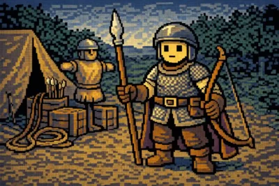 2024 DnD Soldier at a training camp, battle-ready stance with spear and bow, practice dummy, and gear behind.