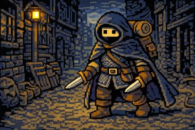 2024 DnD Wayfarer walking through a gritty city street at night, cloak up, bedroll and pouches, holding daggers.