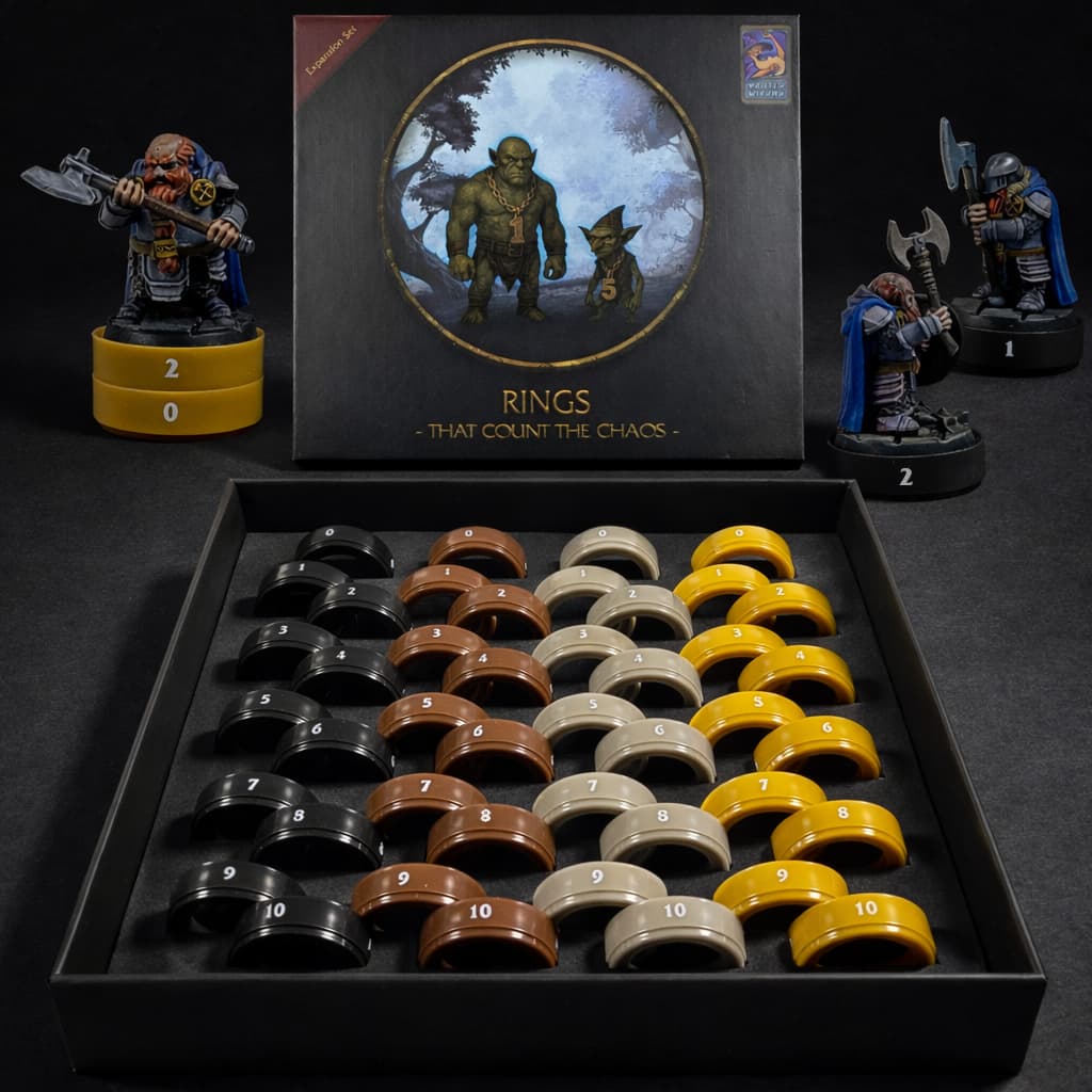 Numbered dnd rings in black storage box.